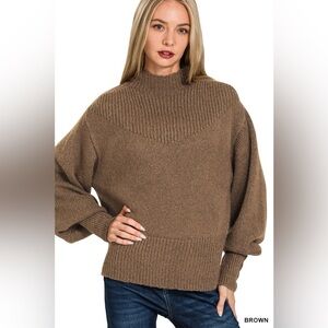Zenana Balloon Sleeve Mock Neck Sweater